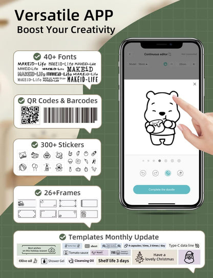 Makeid Q1 Label Maker Machine With Tape HD 300dpi ONE-Click Time Printing Bluetooth Label Makers For Home Office, Compatible With IOS & Android Clear Prints, Multiple Templates Font, Retro Design