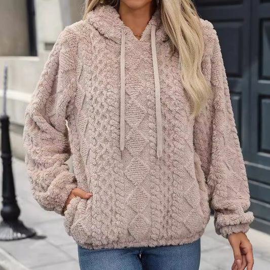 Autumn Winter Women Clothing Plush Jacquard Fabric Long Sleeve Loose Hooded Pullover Sweater