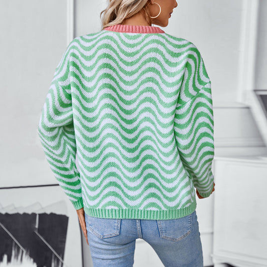 Women Clothing Autumn Winter Contrast Color Knitwear Chevron Wave Striped Sweater