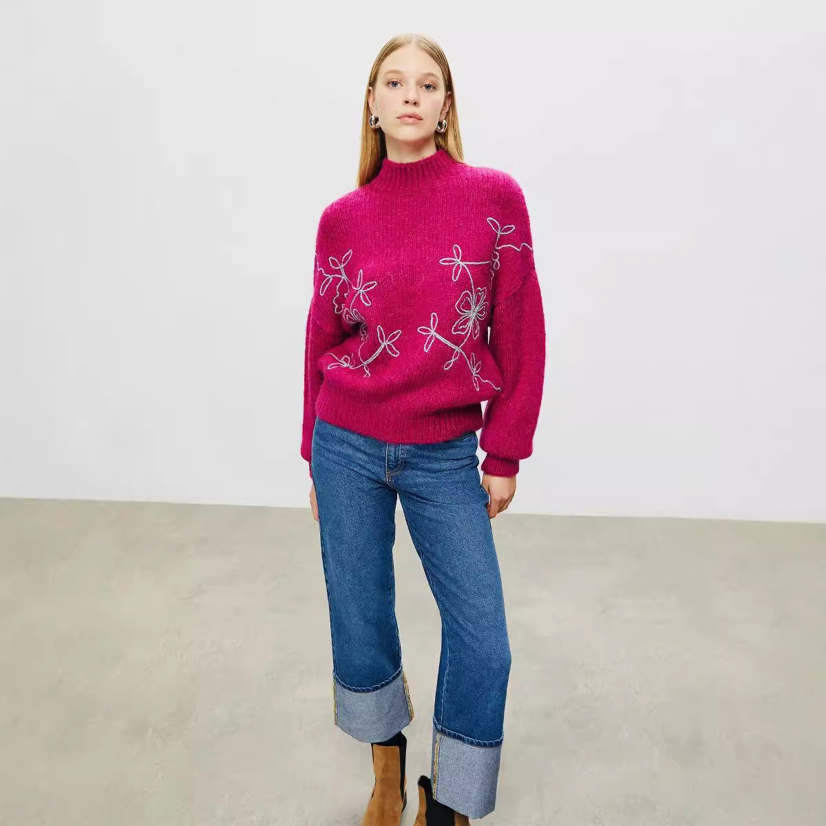 Knitted Autumn Embroidered Half Turtleneck Autumn Winter Sweater