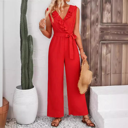 Women Jacquard Striped Ruffled Wide Leg Pants Women Belt Straight Sleeveless Casual Pants Women Jumpsuit