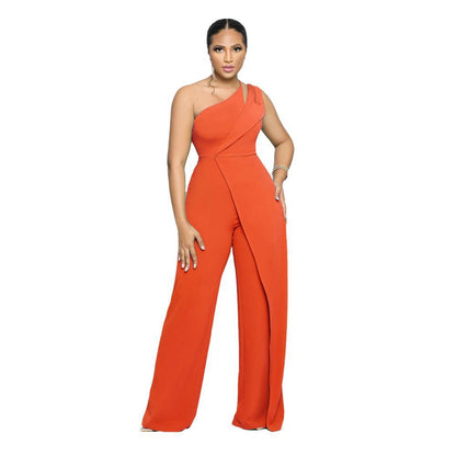 Sexy Sleeveless Single Shoulder Suspender High Waist Office Straight Jumpsuit