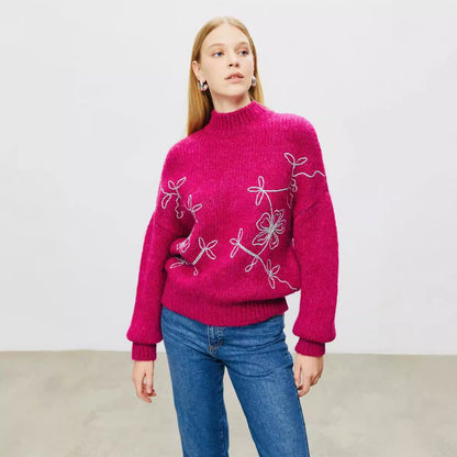 Knitted Autumn Embroidered Half Turtleneck Autumn Winter Sweater