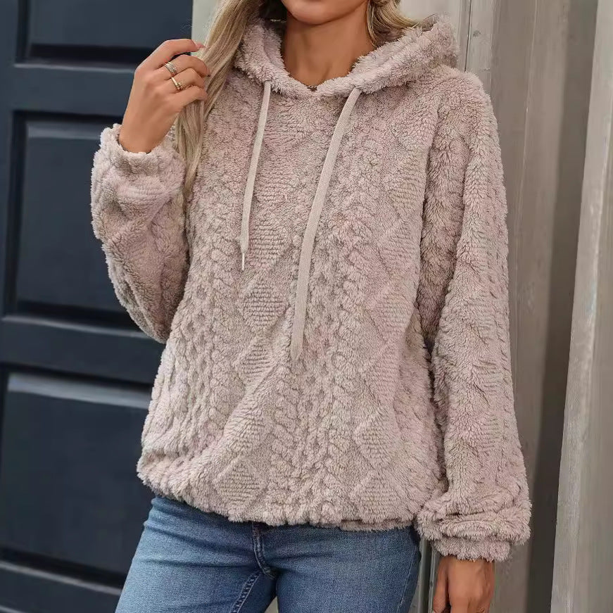 Autumn Winter Women Clothing Plush Jacquard Fabric Long Sleeve Loose Hooded Pullover Sweater