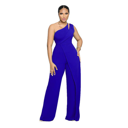 Sexy Sleeveless Single Shoulder Suspender High Waist Office Straight Jumpsuit