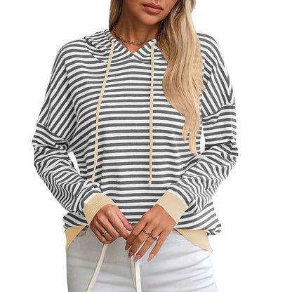 Autumn Winter Women Clothing Striped Contrast Color Long Sleeves Casual Sweater Hoodie for Women