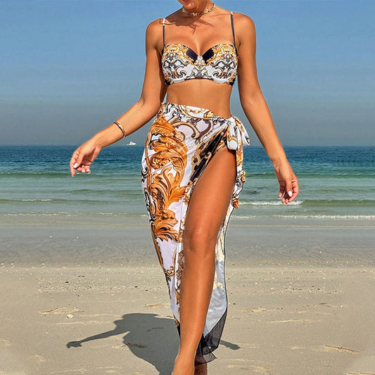 Swimsuit Printed Bikini Three Piece Swimsuit Women Spring Vacation Beach Dress