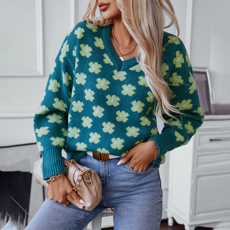 Floral Jacquard V neck Pullover Sweater Women Autumn Winter Casual Sweater Top Women