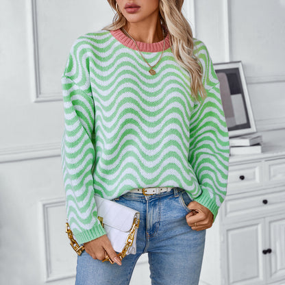 Women Clothing Autumn Winter Contrast Color Knitwear Chevron Wave Striped Sweater