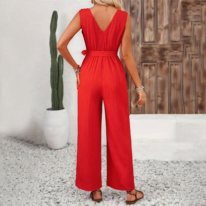 Women Jacquard Striped Ruffled Wide Leg Pants Women Belt Straight Sleeveless Casual Pants Women Jumpsuit