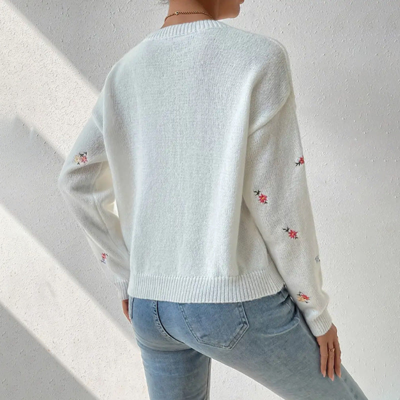 Fall Winter Knitwear Women Clothing Jacquard Crew Neck Collar Long Sleeved Top