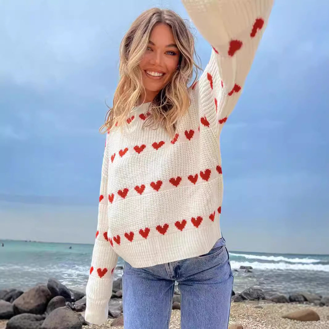 Autumn Winter Sweet Cute Love Heart Two Color Jacquard Contrast Color round Neck Long Sleeve Sweater Pullover