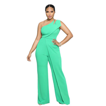 Sexy Sleeveless Single Shoulder Suspender High Waist Office Straight Jumpsuit