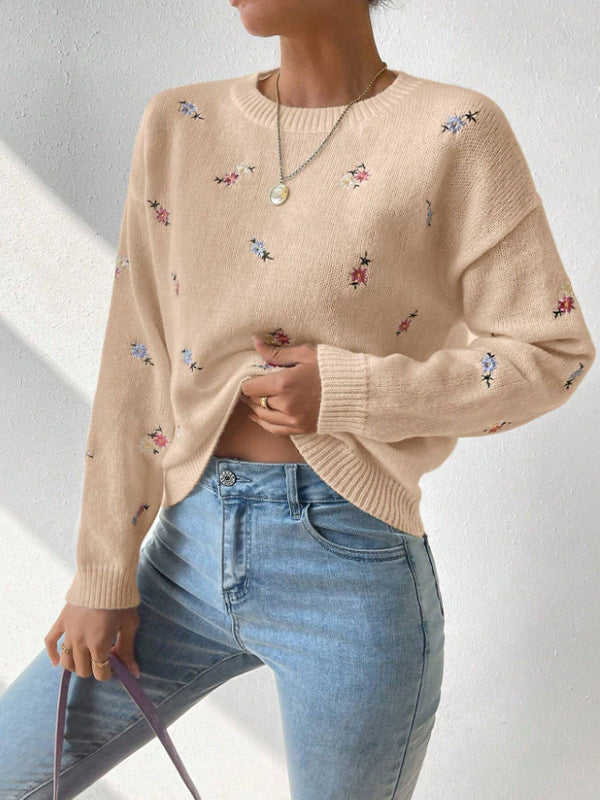 Fall Winter Knitwear Women Clothing Jacquard Crew Neck Collar Long Sleeved Top