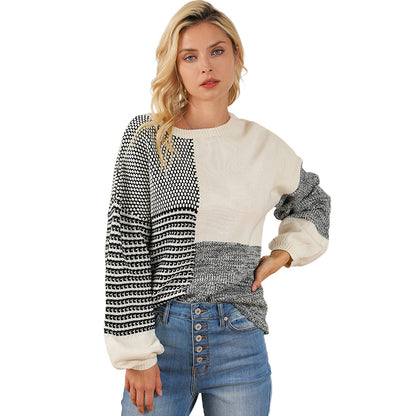 Autumn Winter Striped Splicing Pullover Sweater Women's Casual Loose Contrast Color Round Neck Sweater Women