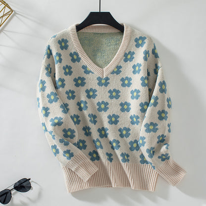 Floral Jacquard V neck Pullover Sweater Women Autumn Winter Casual Sweater Top Women