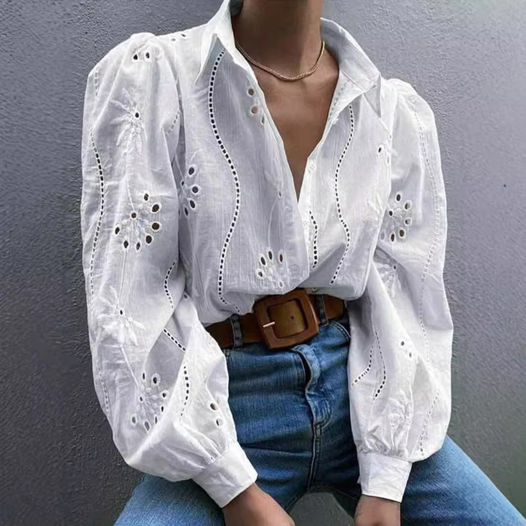 Autumn Winter Single Breasted Solid Color Embroidery Vulnerability Long Sleeve Collared Shirt Women Top