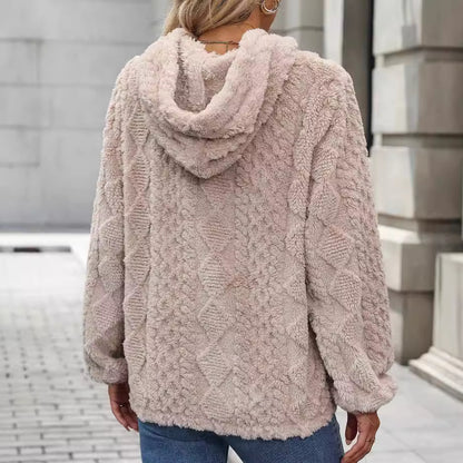 Autumn Winter Women Clothing Plush Jacquard Fabric Long Sleeve Loose Hooded Pullover Sweater