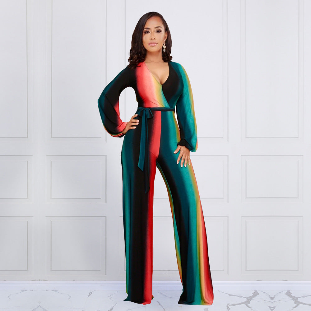 V-neck Sexy Women's Autumn Winter Rainbow Striped Long with Belt Jumpsuit