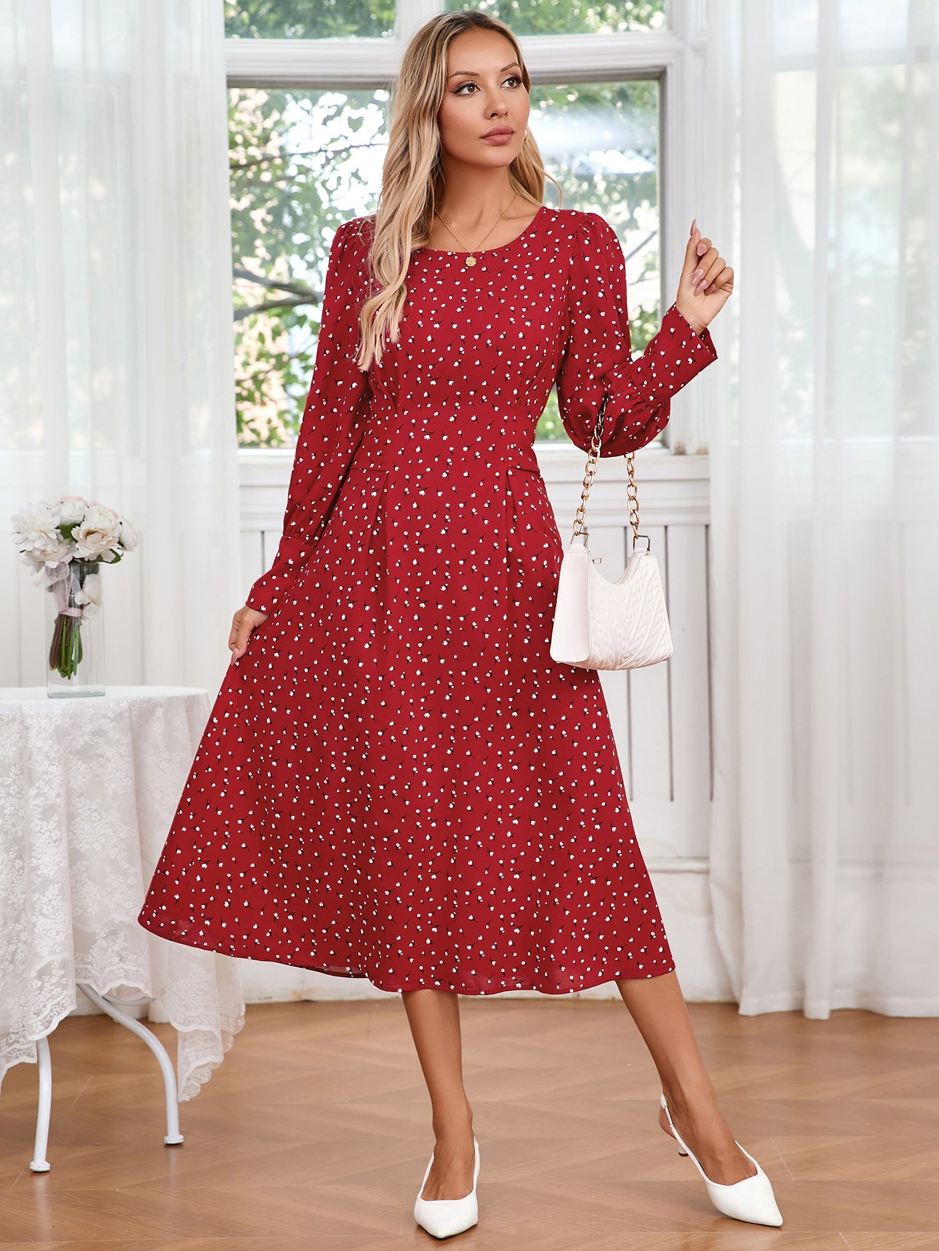 Women Clothing Dress Autumn Elegant Small Floral round Neck Tied Long Sleeves Dress