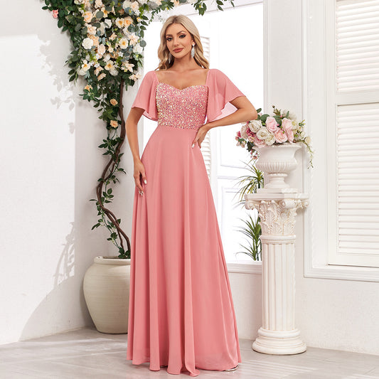 Square Collar Short Sleeve Backless Pink Evening Dress A line Sequin Stitching Chiffon Valentine Day Party Dress