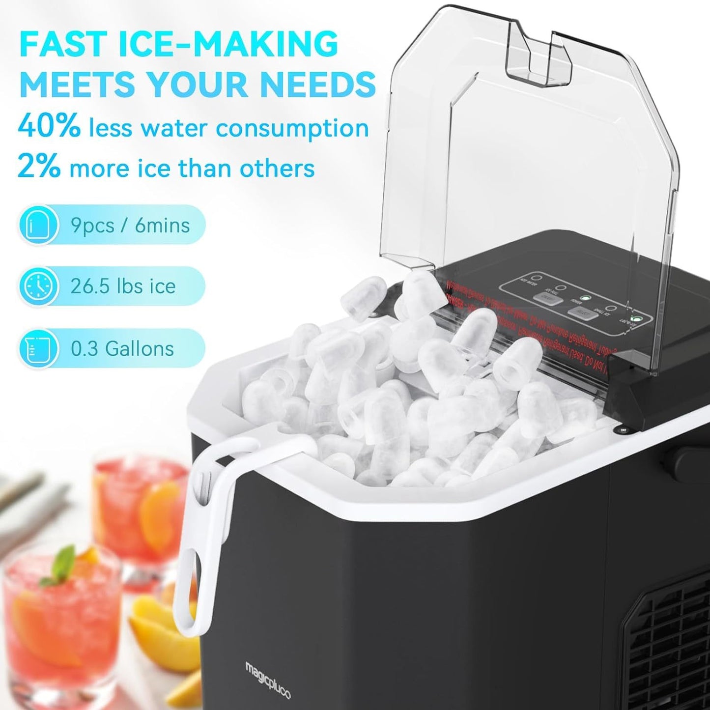 Ice Makers Countertop, Ice Machine With Carry Handle, 9 Cubes In 6 Mins, 26.5 Lbs Per Day, Self-Cleaning Portable Ice Maker, Suitable For Home Kitchen Office Party RV