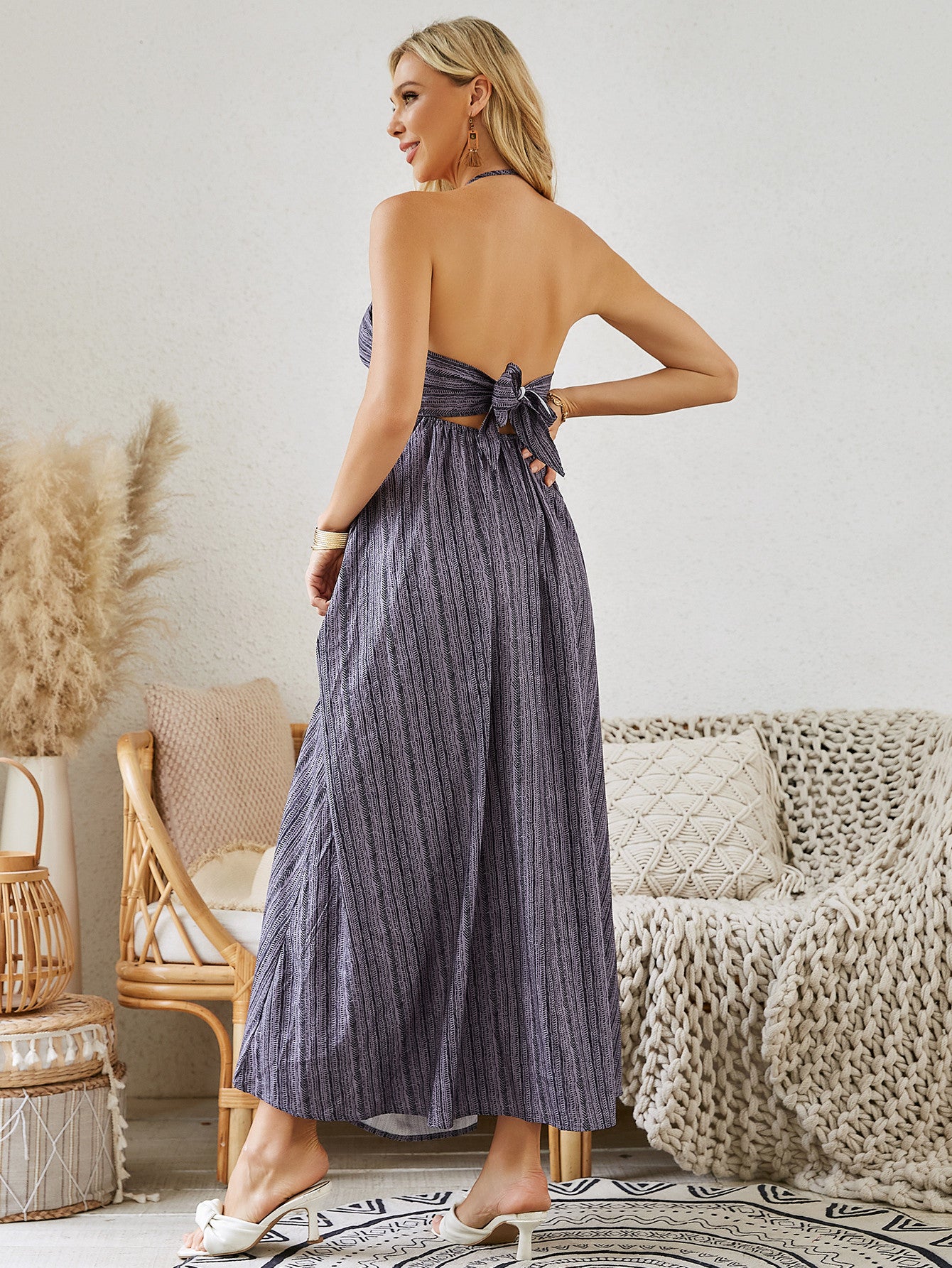 Bohemian Halter Maxi Dress - Women's Summer Sleeveless Flowy Beach Dress