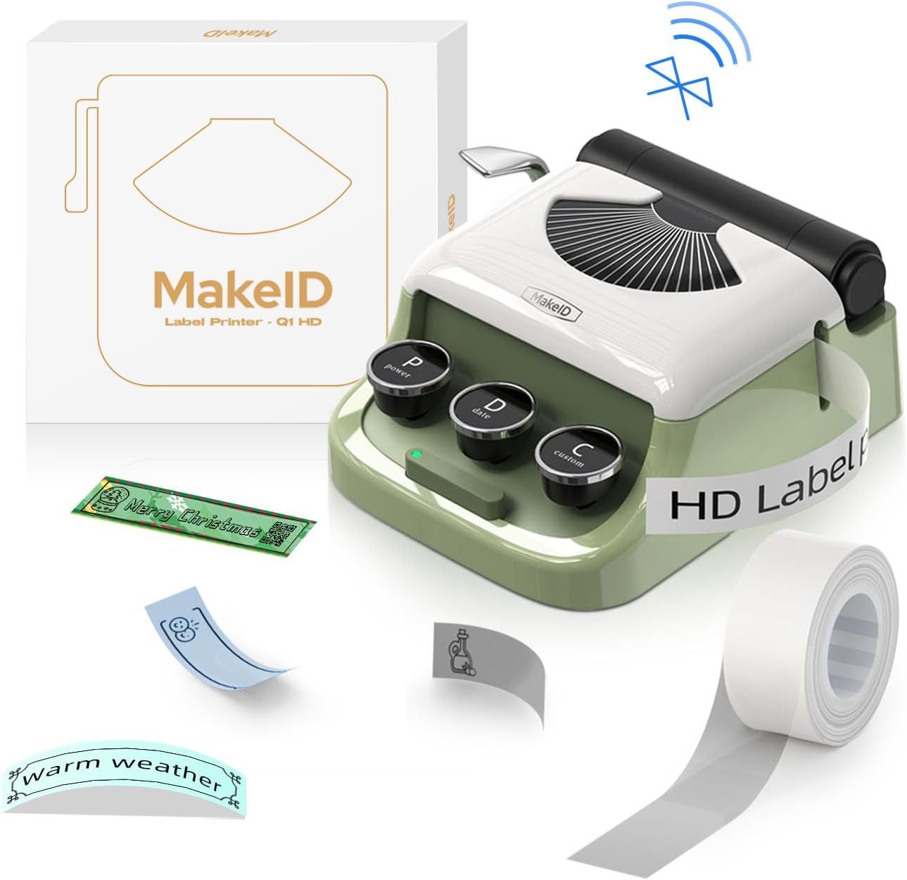 Makeid Q1 Label Maker Machine With Tape HD 300dpi ONE-Click Time Printing Bluetooth Label Makers For Home Office, Compatible With IOS & Android Clear Prints, Multiple Templates Font, Retro Design