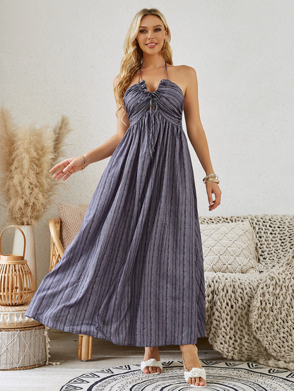 Bohemian Halter Maxi Dress - Women's Summer Sleeveless Flowy Beach Dress