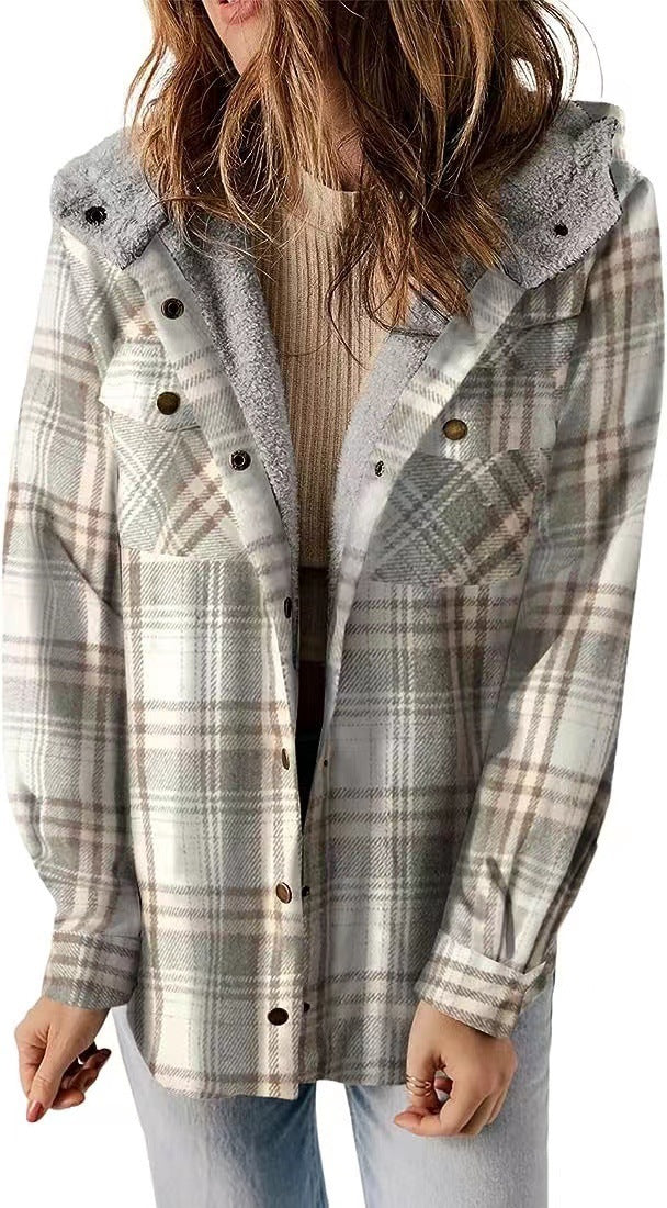 Casual Plaid Hooded Woolen Coat Thickened Fleece-lined Warm Jacket